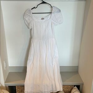 LOFT White Midi Dress with Puff Sleeves